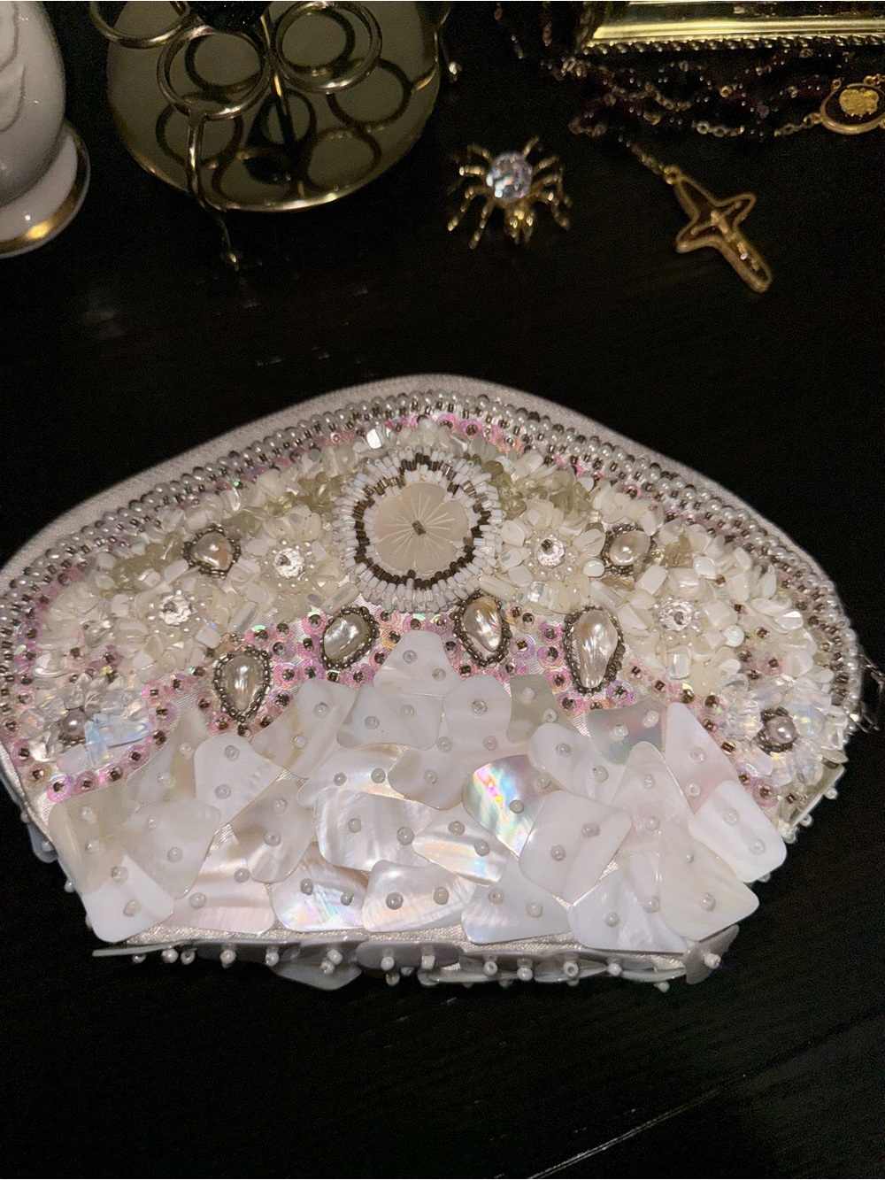 Embellished White Beaded Evening Clutch - Women Accessories